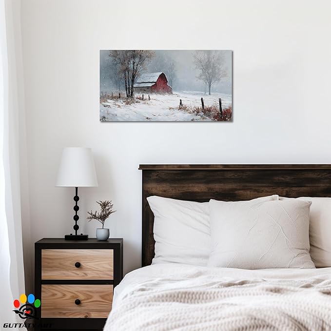 GUTTATY Christmas Winter Scene Canvas Wall Art, Red Barn Farmhouse Snowy Wall Painting, Rustic Poster Artwork, Cozy Seasonal Wall Decor Pictures for Living Room, Bedroom, Office, 40x20 Inch