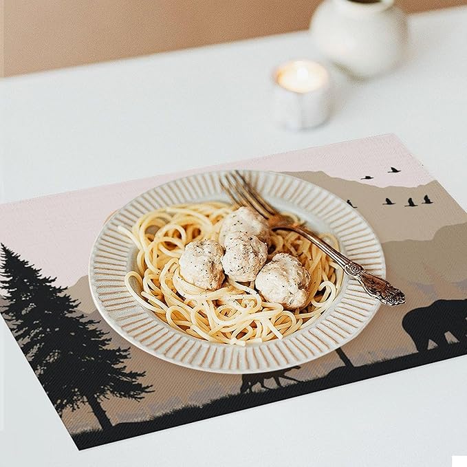Rustic Animal Placemat Set of 4, 12x18 Inch Vintage Bear Deer Birds Wildlife Animal Aztec Forest Pine Tree Cabin Country Lodge Coffee Table Mats for Outdoor Kitchen Dining Table Decoration