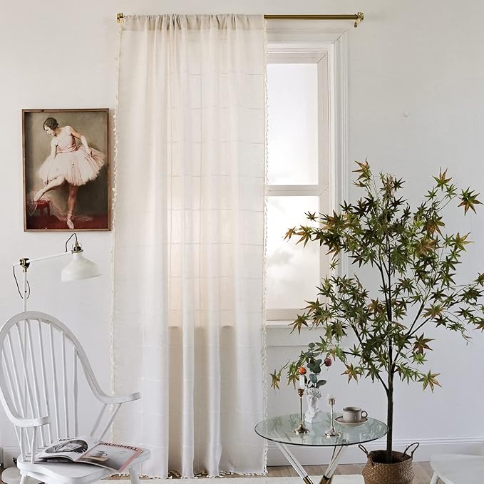 Sutuo Home Boho Curtain for Bedroom 96 Inch Length, Light Filtering Country Farmhouse Vintage Chic Tassels Window Treatment Bohemian Grid Drape for Decor 1 Panel 52" W x 96" L, Cream White Plaids