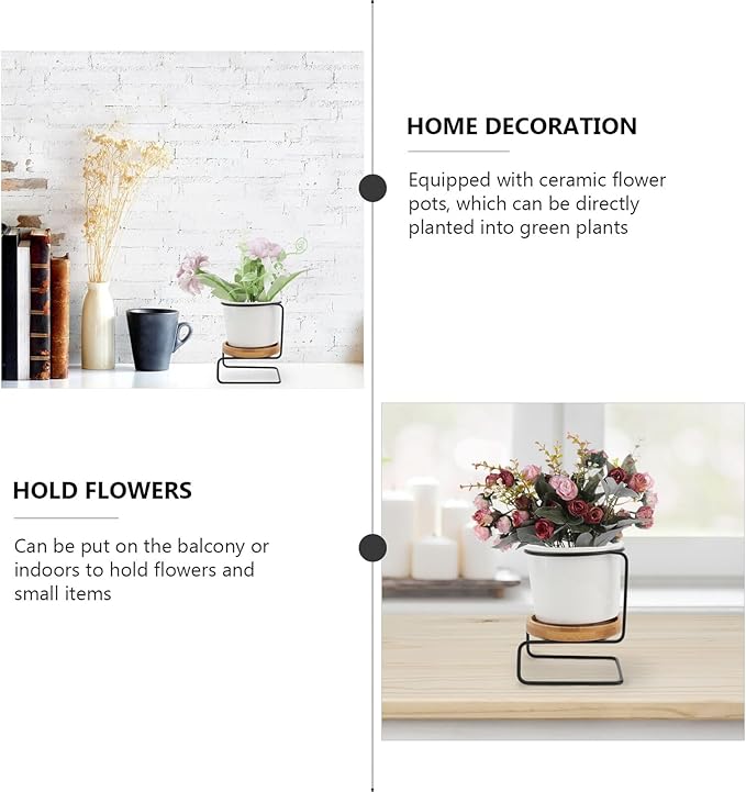 Iron Art Flower Pot Stand with Ceramic Desktop Vase Modern Chic Oval Black Planter for Home Decor Practical Flower Arrangement Container Ornament