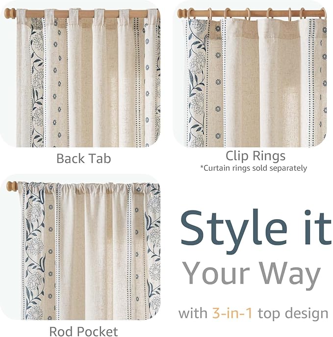 jinchan Winslow Linen Curtains for Bedroom 90 Inches Length Embroidered Bordered Floral Curtains for Living Room Farmhouse Decor Light Filtering Window Treatments Blue on Beige Drapes 2 Panels