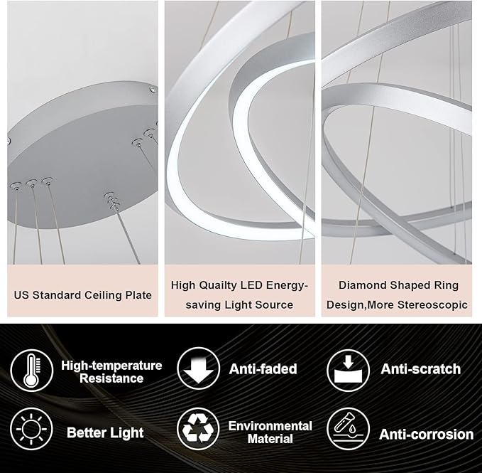 Modern LED Chandelier Room Decor 3 Ring Circular Chandelier Dimmable 23.6”Round Pendant Light Contemporary for Dining Living Room Foyer Bedroom 6000K Silver 5040lm