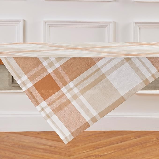 Solino Home Linen Plaid Square Tablecloth 50 x 50 Inch - 100% Pure Linen Fall Harvest Table Throw - Machine Washable Table Cloth for Autumn, Thanksgiving, Holiday