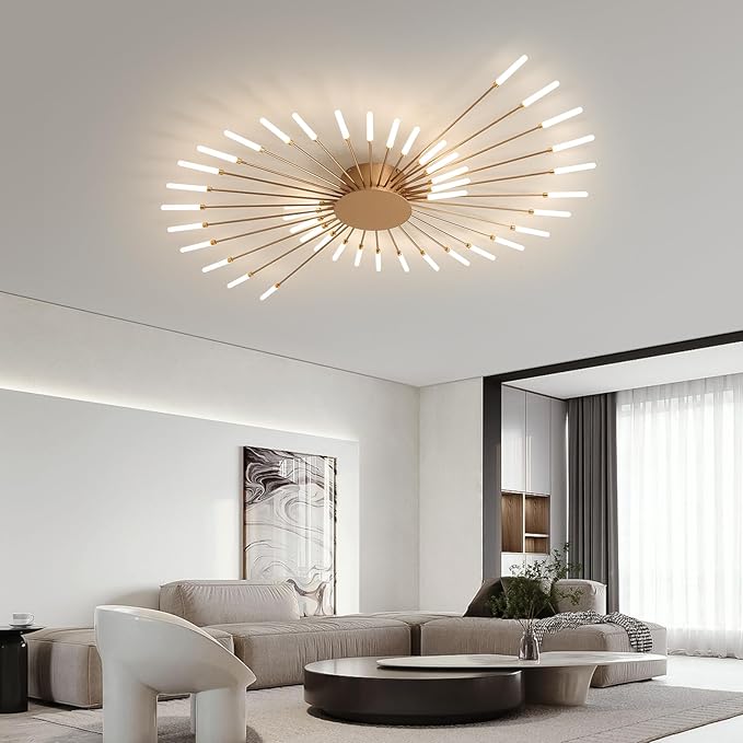 JAYMP Ceiling Light Modern Flower Shape Ceiling Lamp for Living Room Dining Room Flush Mount Metal Acrylic Sputnik Firework Petal LED Lighting Fixture (Matte Gold, 42 Lights)
