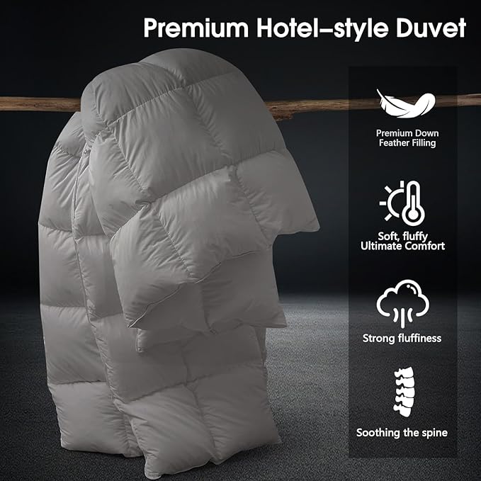 CYMULA Queen Size Feather Down Comforter - All Season Dark Grey Duvet Insert, Lightweight Box Stitched, Fluffy Breathable, Ultra Soft Quiet Hotel Style with 8 Tabs(90" x 90")