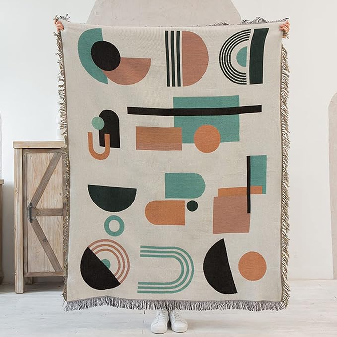 Double-Sided Cotton Woven Throw Blanket with Tassel Jungle Bohemian Style Tapestry Shawl Multi-Function Decorative Throws for Sofa Bed Armchair Camping Blanket Tablecloth Carpet 160x130cm