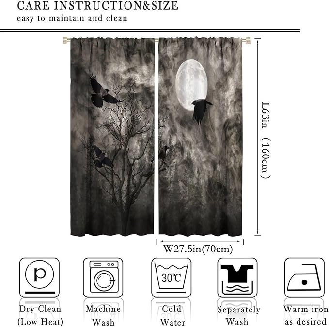 Gothic Crow Blackout Window Curtains, Gothic Style Dark Sky Full Moon Raven Halloween Pattern Window Drapes, for Home Bedroom Living Room 27.5(W)*63(L) 2 Panels