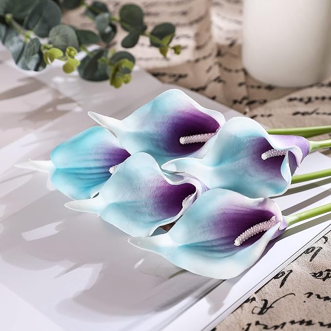 Duovlo 20pcs Calla Lily Bridal Wedding Bouquet Lataex Real Touch Artificial Flower Home Party Decor (Purple in Blue)