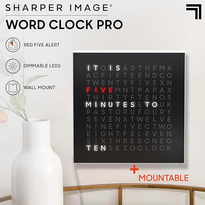 Sharper Image® LED Word Clock Pro with Dimmable Light, 9.45" Modern Design, & Red 5-Minute Alerts| Electronic Accent Wall & Desk Clock| Contemporary Home & Office Decor| Housewarming Gift