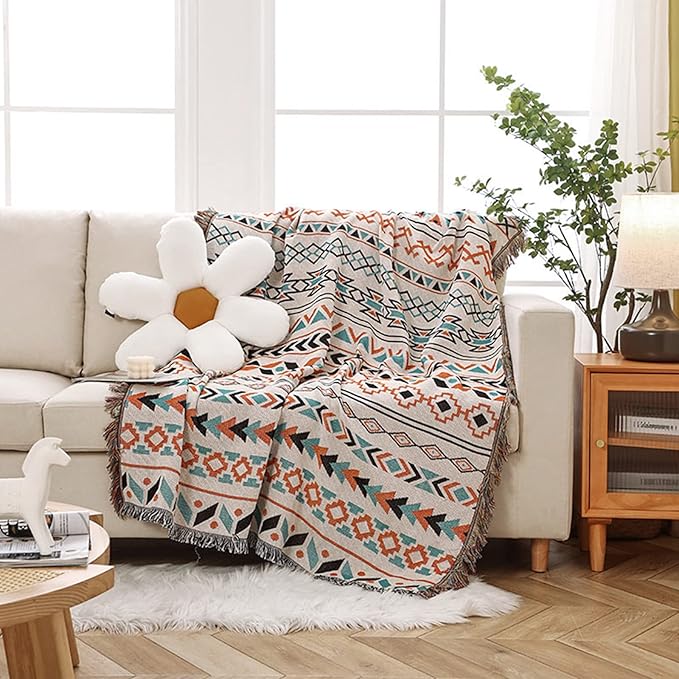 Double-Sided Cotton Woven Throw Blanket with Tassel Jungle Bohemian Style Tapestry Shawl Multi-Function Decorative Throws for Sofa Bed Armchair Camping Blanket Tablecloth Carpet 160x130cm