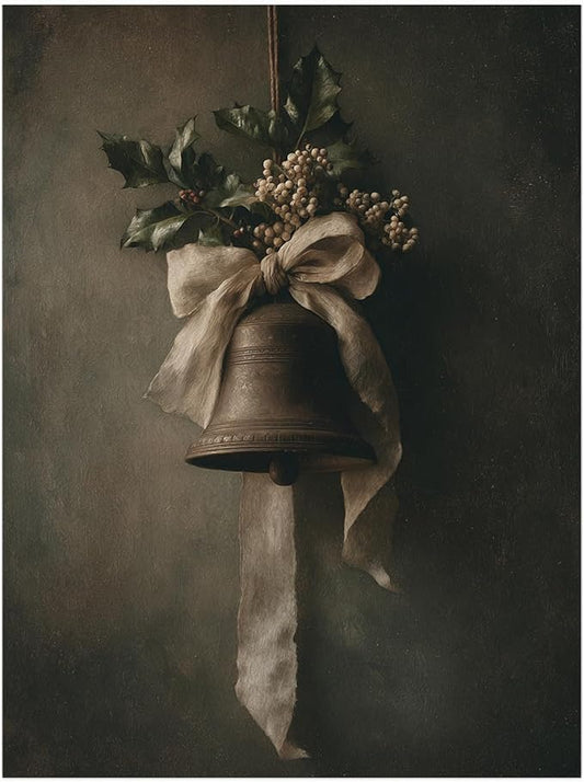 Moody Christmas Bell Prints,Antique Holiday Wall Art,Rustic Winter Decor,Holly Ribbon Painting,Farmhouse Kitchen Christmas Print