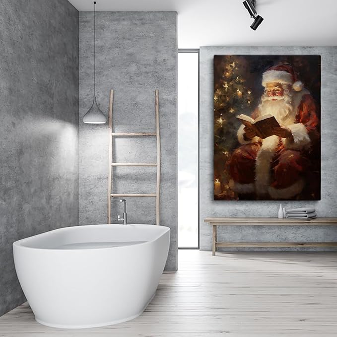 Vintage Christmas Santa Reading Book Wall Art Print,Santa Reading the Bible Oil Painting,Christmas Cottagecore Decor,Dark Academia,Winter Print