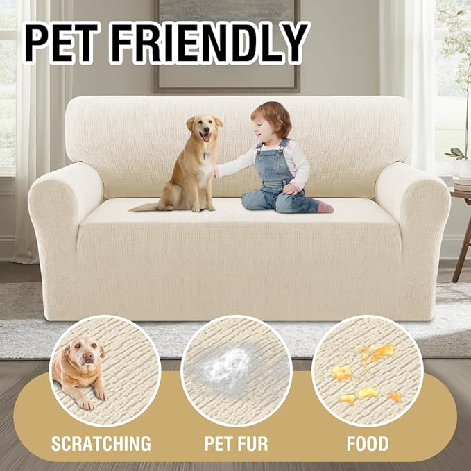 H.VERSAILTEX Jacquard Sofa Slipcover with Waterproof Seat Furniture Protector 1 Piece Stretch Sofa Covers with Elastic Bottom for Kids, Pets, Dog(Loveseat, Ivory)