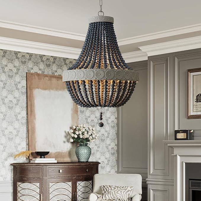 Saint Mossi Farmhouse Chandeliers, Vintage Design Wood Bead Pendant Light Fixture, D18 x H26, Adjustable 59" Chains, 4 x E12 Sockets, Rustic Black Finish Bead & Dirt Grey Finish Metal Frame