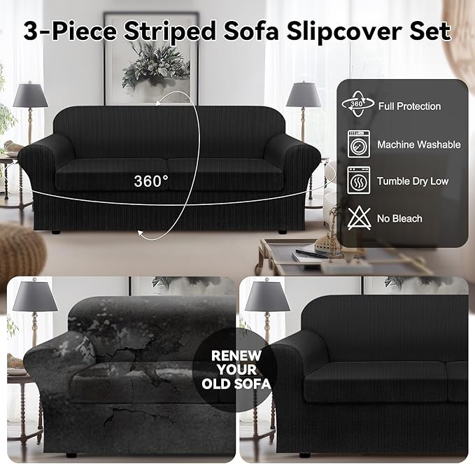 100% Waterproof Couch Cover 3-Piece Set Striped Sofa Slipcovers for 2 Cushion Couch Sofa Covers with TPU Leakproof Bottom Stretch Couch Protector Pet Proof - Sofa(2-Cushion), Black