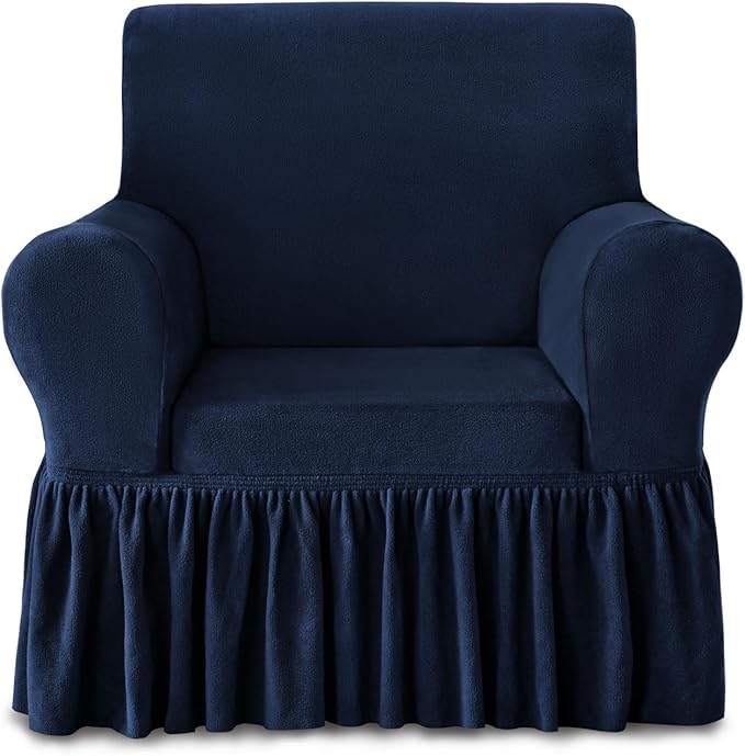 NICEEC Armchair Cover Thick Plush 1-Piece Warm Navy Blue Armchair Slipcover Stretch Fluffy Couch Covers for Living Room Easy Fit Washable Soft Furniture Sofa Protector with Skirt