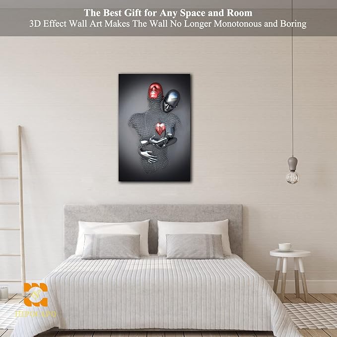 3D Wall Art - Love Heart 3D Metal Canvas Art, Silver 3D Metal Canvas Art 3D Canvas Art Wall Decor for Modern Living Room, Framed Romantic Couple Living Room Canvas Wall Art 18”x24”x1Pcs
