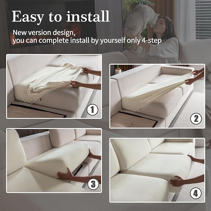 Sectional Couch Covers, Wear Resistant Stretch Sofa Covers Washable Soft Couch Cushion Covers Anti Slip Furniture Protector Sofa Slipcovers for Pets (1 Piece Oversized Sofa Cushion, Ivory)