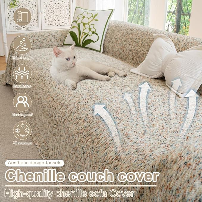 ROOMLIFE Boho Beige Couch Cover for Dogs, Washable Non Slip Furniture Protector Couch Sofa Covers for 3 Cushion Couch, Soft Chenille Couch Cover Throw Blanket with Tassels 71''X118''