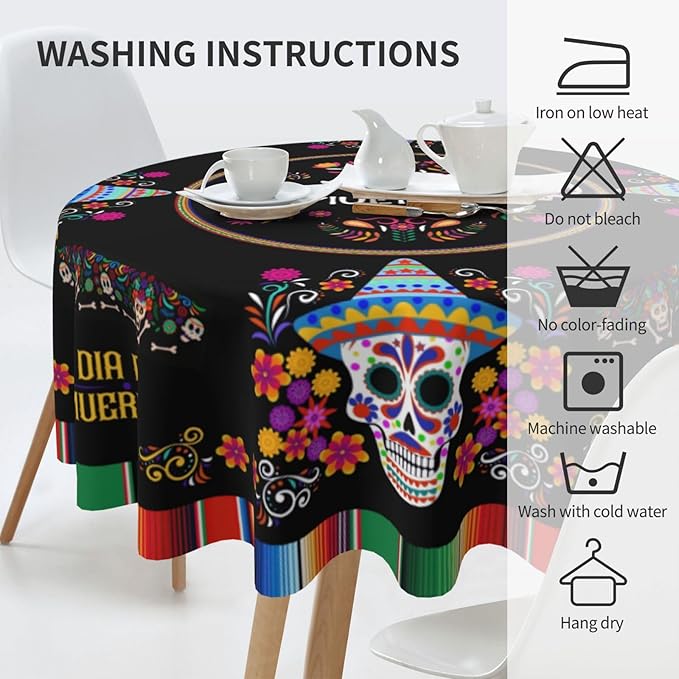 Mexican Round Tablecloth, Traditional Colorful Skull Floral Dia De Los Muertos Azulejo Mosaic Mexico Water Resisitant Table Cover for Dining Kitchen Living Room Home Party Holiday Decor 60 inch Round
