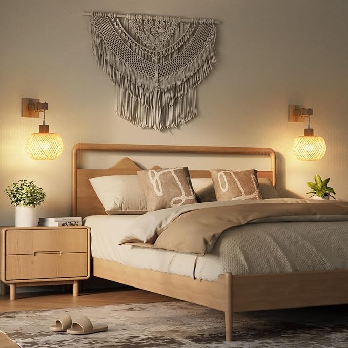 Battery Operated Wall Sconce with Remote Set of 2, Rechargeable Boho Wall Sconces with 8000mAh Bulbs, Woven Bamboo Wall Light/Lamp Rattan Wall Sconce for Bedroom