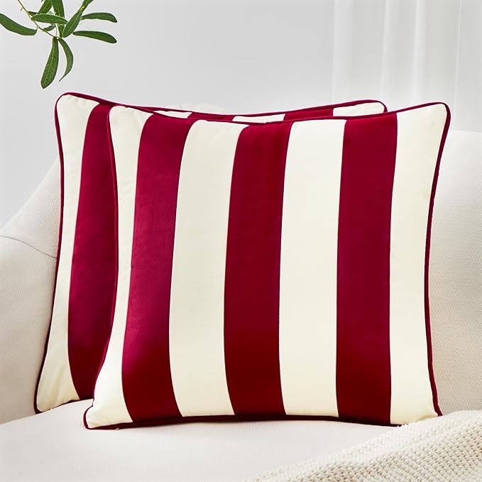 MONDAY MOOSE Christmas Decorative Throw Pillow Covers Cushion Cases, Set of 2 Soft Velvet Striped Piping Edge Designs, Pillow Inserts Not Included (Red/White, 18x18 inch)