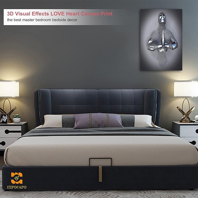 3D Wall Art Decor Artwork - 3D Metal Effect Wall Art Merged Hands for Modern Wall Art, Large Wall Art for Bedroom Dercorations Framed 24”x36”x1Pcs