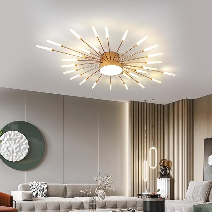 JAYMP Ceiling Light Modern Flower Shape Ceiling Lamp for Living Room Dining Room Flush Mount Metal Acrylic Sputnik Firework Petal LED Lighting Fixture (Matte Gold, 28+1 Lights)