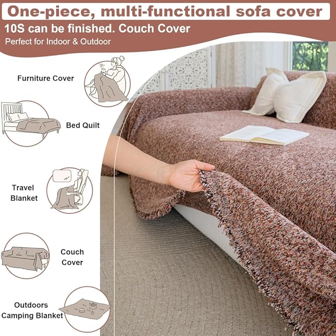 ROOMLIFE Pink Couch Cover for 3 Cushion Sofa, Chenille Sofa Couches Slipcover Sectional Sofas Covers with Tassel, Washable Soft Breathable Furniture Protector Cover for Living Room, 71 '' X 118''
