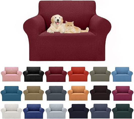 Cupuamon 2025 New Stretch Chair Sofa Slipcovers Couch Cover for 1 Seater Furniture Protector Sofa Covers with Elastic Bottom Jacquard Fabric Small Checks for Pets, Kids - Dark Red
