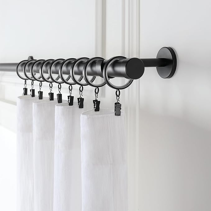 MODE Cambria Designer Series - Premium Easy Glide 18 Count Small Curtain Rings - Metal with Nylon Inserts and Clips - 1 inch Diameter - use for rods 5/8" or Smaller - Satin Black Finish