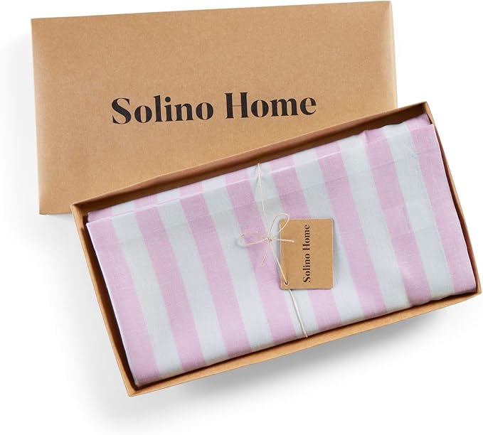 Solino Home Linen Striped Tablecloth 52 x 52 Inch - 100% Pure Linen Pink and White Square Table Throw - Sorrento Stripe, Machine Washable Tablecloth