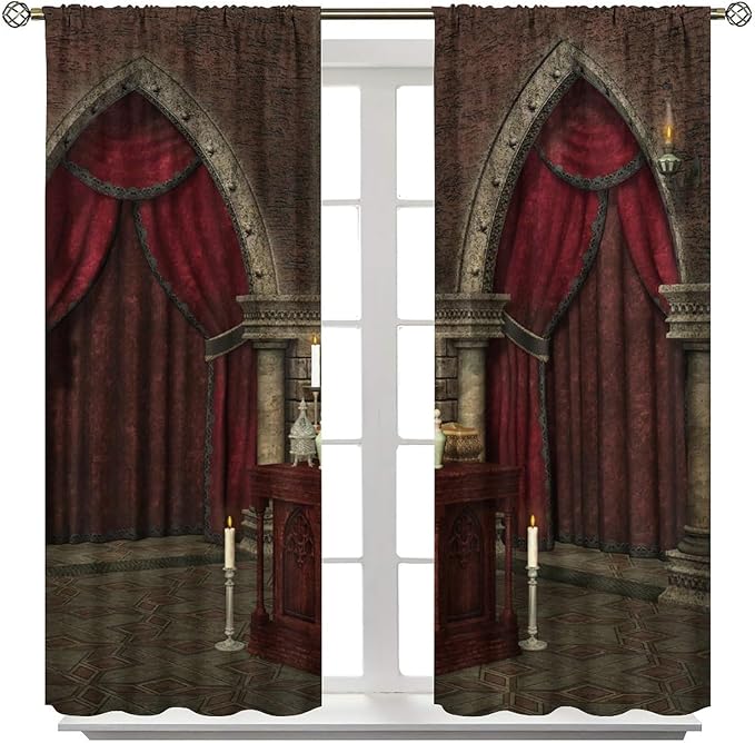 Gothic Architecture Blackout Curtains, Mysterious Mid Century Dark Castle Pattern Window Drapes, for Living Room Bedroom 31.5(W)*63(L) 2 Panels
