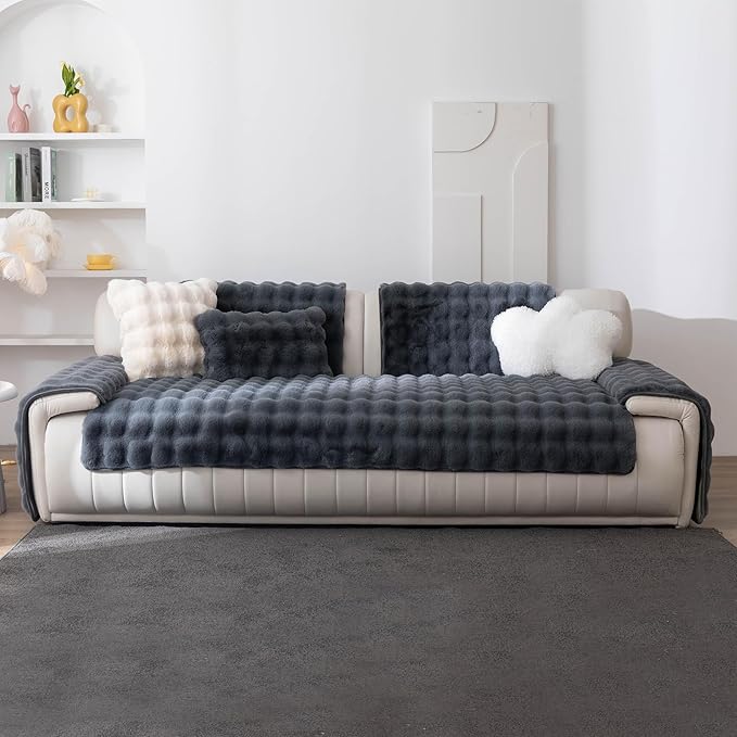 Faux Fur Couch Cover, Soft Warm Plush Sofa Couch Cover, Non Slip Sectional Sofa Slipcovers, Washable Furniture Protector for Kids, Dogs, L Shaped Armrest Backrest Cover(Dark Grey, 36"x 36")