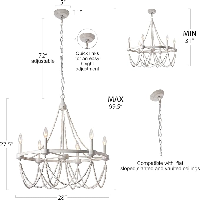 COCOSTAR 28 Inch White Beaded Chandelier Bohemian Style, 6-Light Retro Wood Country Chandelier, Farmhouse Chandeliers for Dining Room, White with Gold, (Bulb Not Included)