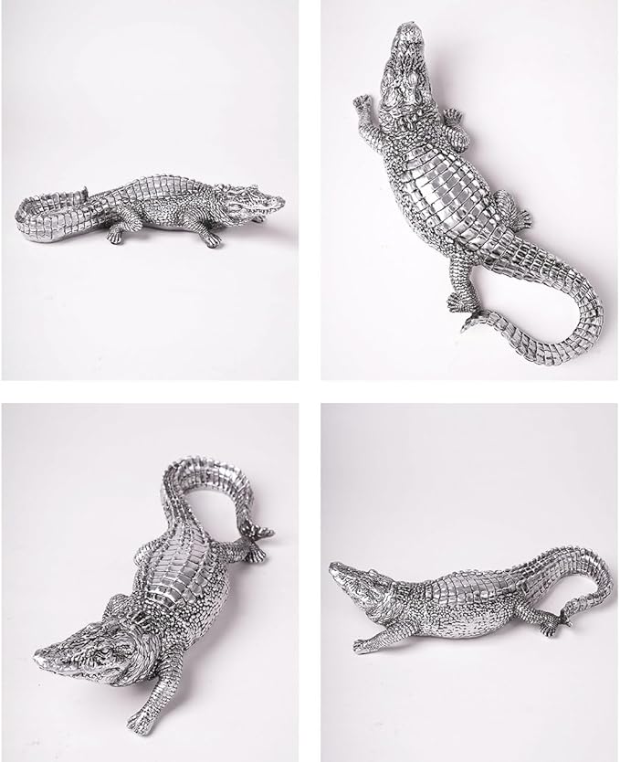 HAUCOZE Crocodile Sculpture Statue Animal Figurine Geometric Decor Polyresin Silver 14 inch
