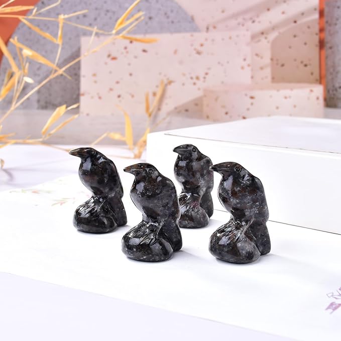 Natural Flame Stone Crystal Raven Statue 2" Healing Crystal Handmade Sculpture Guardian Pocket Statues Reiki Meditation Office Home Decoration Gift