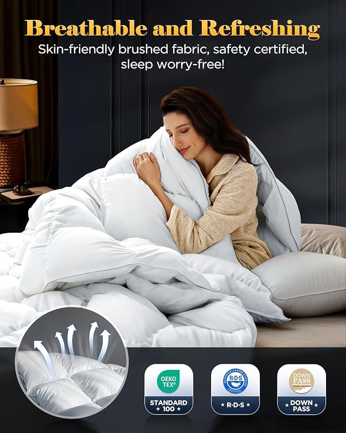 3D Baffle Box Real Down Comforter, 750 Fill-Power Ultra-Soft Down Duvet Insert, All Season White Feathers Down Comforter Full Size, Medium Warm Bed Comforters, Fluffy and Cozy, 8 Corner Tabs - 82"X86"