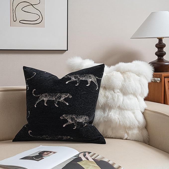 New 18x18'' inches Throw Pillow Cushion Covers - Black Color with Chenille Jacquard Embroidery Golden Leopard Luxury Modern Style Couch Sofa Bed Pillow Cover for Living Room Bedroom