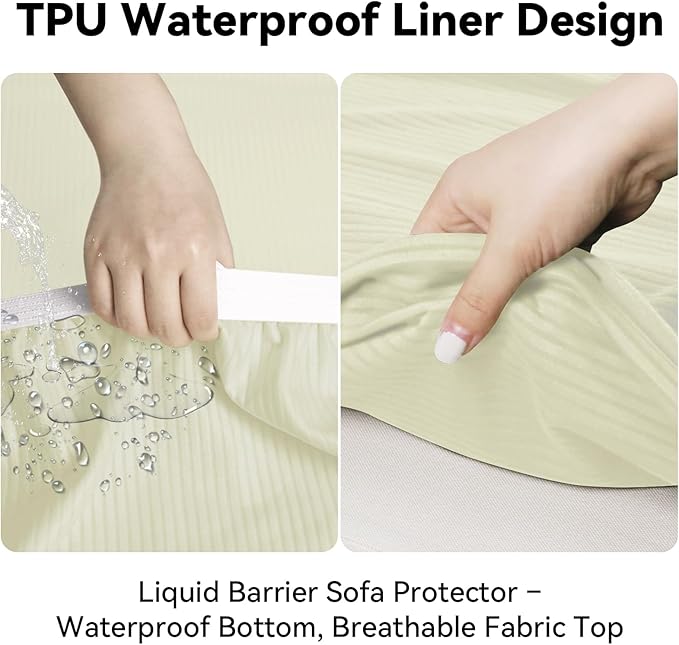 100% WaterproofCouch Cover 3-Piece Set Striped Sofa Slipcovers for 2 Cushion Couch Sofa Covers with TPU Leakproof Bottom Stretch Couch Protector Pet Proof - Sofa(2-Cushion), Ivory