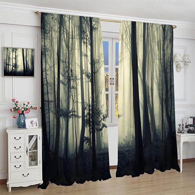 Gothic Forest Blackout Curtains, Nature Tree Scenery Foggy Woodland Landscape Art Printed Window Drapes, for Living Room Bedroom 27.5(W)*63(L) 2 Panels