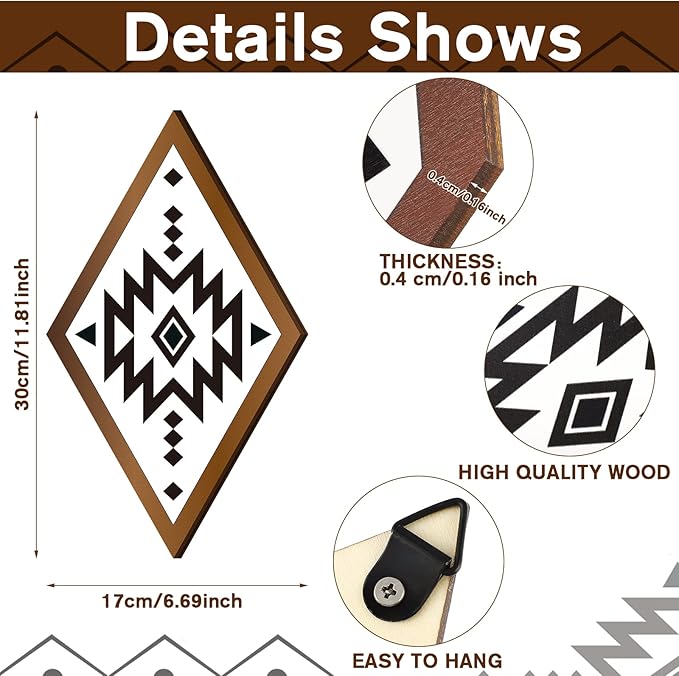 Nuenen 6 Pcs Aztec Wall Decor, Farmhouse Southwest Home Decor, Boho Wall Art Western Geometric Diamond Frame Hanging Aztec Print Abstract Shape Wood Modern Art Decoration for Bedroom Bathroom Office