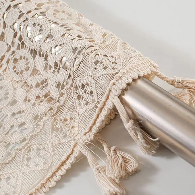 Sutuo Home Beige Boho Lace Short Curtain for Kitchen Window Curtains Over Sink,Vintage Chic Valance Crochet Bohemian Semi Sheer Farmhouse Rustic Handmade Tassels,Rod Pocket,1 Panel 59" W x 18" L