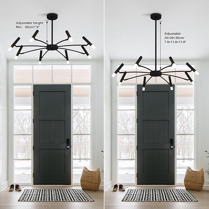 KCO Lighting 8 Light Black Metal Light Fixture Modern Foyer Chandelier Lighting Mid Century Industrial Sputnik Chandeliers Contemporary High Ceiling Chandelier Lights for Dining Room