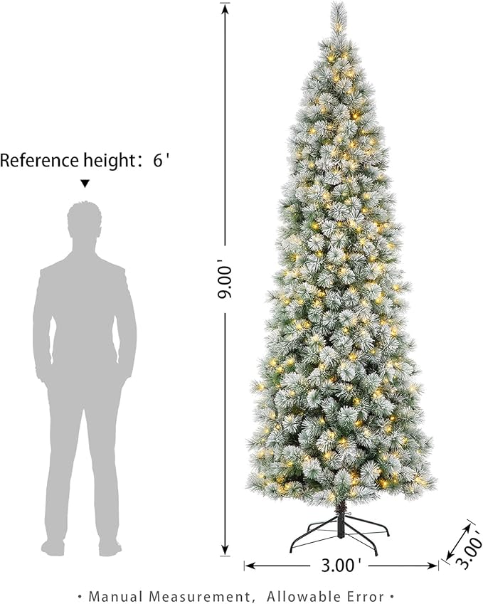 Glitzhome 9ft Prelit Christmas Tree, Artificial Christmas Tree Portland Snowy Pine Flocked Pencil Christmas Tree with 450 LED Lights, 9 Functional Warm White/Multi-Color, Remote Controller