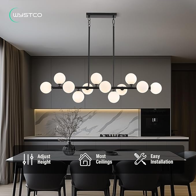 50 Inch Large Globe Sputnik Chandelier, 12-Light Mid Century Modern Light Fixture Over Table, Black Linear Chandeliers for Dining Room Kitchen Island Living (Milk White Glass Bubble Shades)