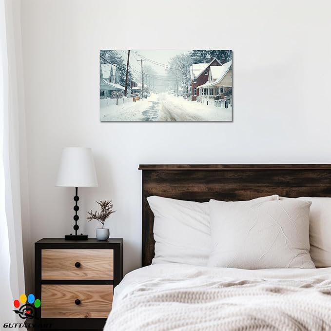 GUTTATY Christmas Winter Scene Canvas Wall Art, Snowy Neighborhood Pictures, Home Canvas Artwork, Subtle Poster Print, Cozy Wall Decor for Living Room, Bedroom, Holiday Hanging Artwork, 16x8 Inch