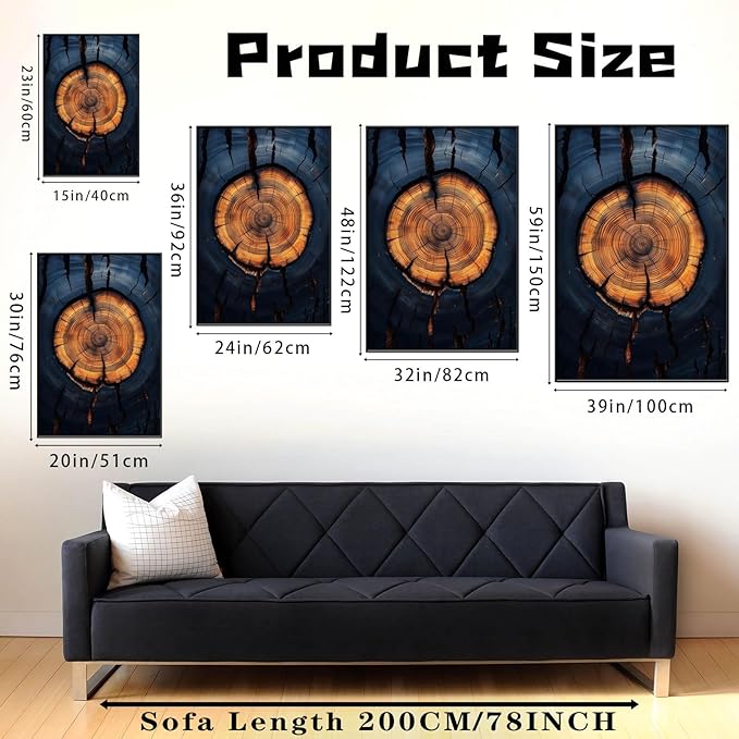 Tree Ring Framed Wall Art, Abstract Trees Ring Frame Canvas Print, Weathered Tree Poster, Nature Wall Art, Wood Texture Picture Wall Decor, Nature Home Art, Modern Farmhouse Decor (Black Framed, 24"x36"|62x92cm)