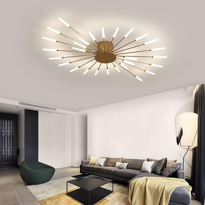 JAYMP Ceiling Light Modern Flower Shape Ceiling Lamp for Dining Room Kitchen Hallway Flush Mount Metal Acrylic Sputnik Firework Petal LED Lighting Fixture (Matte Gold, 28 Lights)