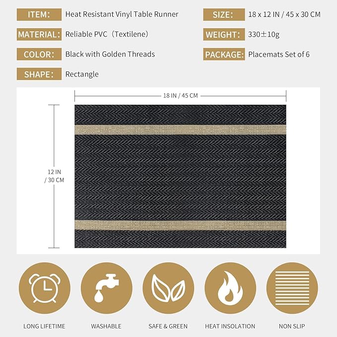 FAVE Placemats Set of 4 Black Placemats Woven with Golden Thread Durable and Wipeable Vinyl Placemats Table Mats Set of 4 for Wedding, Banquet, Birthday, Party, Restaurant (Black, 12"x18"-4PCS)